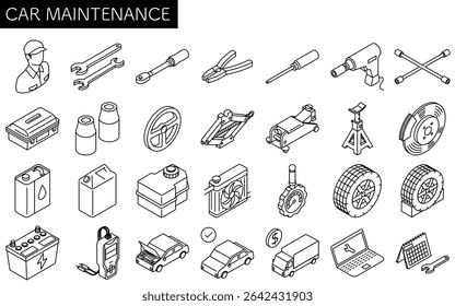 Ícone de desenho de linha simples e bonito de manutenção de automóveis, isométrica, conjunto de ilustração para inspeções periódicas, como mudanças de pneus e óleo, preto e branco, Ilustração de vetor