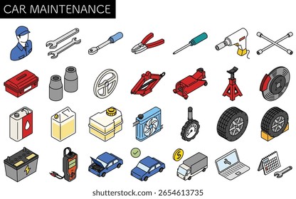 Icono de dibujo de línea simple y lindo de mantenimiento de automóviles, isométrico, conjunto de ilustración para inspecciones periódicas como cambios de neumáticos y aceite, Ilustración vectorial