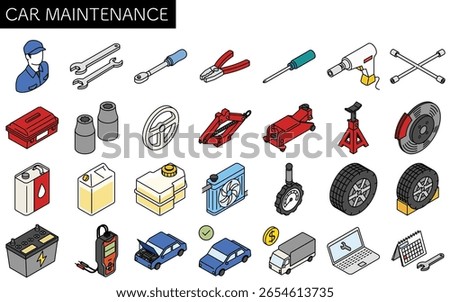 Simple and cute line drawing icon of automobile maintenance, isometric, Illustration set for periodic inspections such as tire and oil changes, Vector Illustration