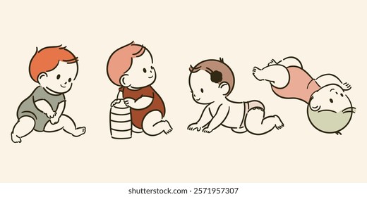 Simple and cute line illustration collection of babies in the crawling period