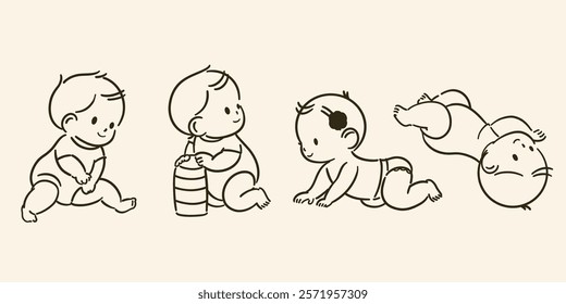 Simple and cute line illustration collection of babies in the crawling period