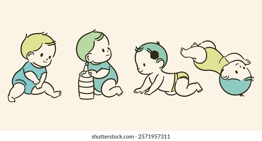 Simple and cute line illustration collection of babies in the crawling period