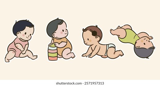 Simple and cute line illustration collection of babies in the crawling period