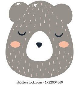 Simple cute little bear head for baby nursery in minimalist scandinavian Nordic style. Calm animal vector illustration with closed eyes and pink cheeks on transparent background in unisex colors