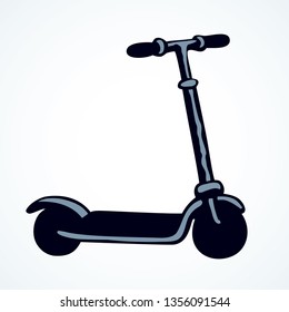 Simple cute little scooter isolated on white road backdrop. Dark black ink hand drawn logo sign pictogram emblem in grunge art retro contour print style on paper space for text. Closeup side view