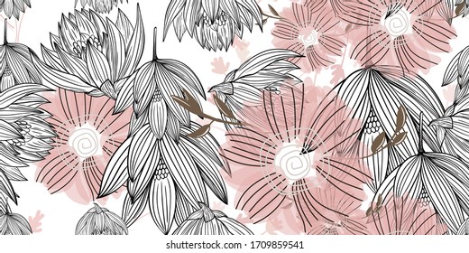 Simple cute lotus floral bouquet vector pattern with small and medium flowers and leaves.