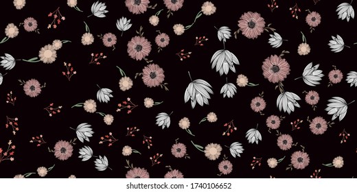 Simple cute lotus floral bouquet vector pattern with small and medium flowers and leaves.