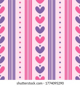 Einfache, schlichte Love Dot Line Vertikal dekorative, nahtlose Muster-Hintergrund-Tapete. Kombinationsfarben von Rosa und Violett. Muster für Textilien, Gewebe, Papier, Druck, Inneneinrichtung, Dekoration usw.
