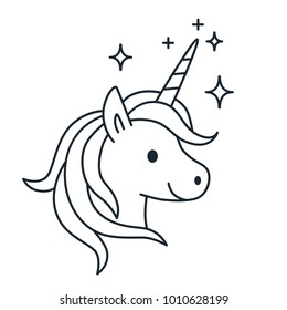 Simple cute magic unicorn vector line cartoon illustration isolated on white background. Fantasy mythical creature Icon, coloring book contemporary flat line design element.