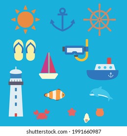 Simple And Cute Marine Illustration Set, Flat Design