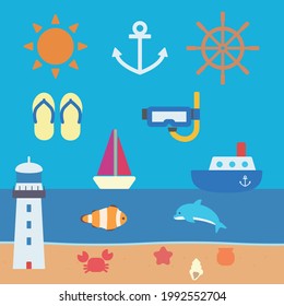 Simple And Cute Marine Illustration Set, Flat Design