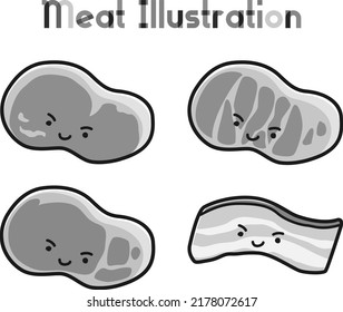 Simple cute meat character illustration set (black and white)