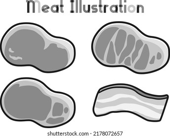 Simple cute meat character illustration set (black and white)