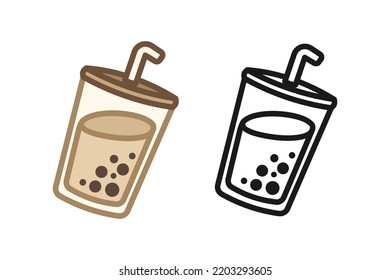 Simple cute milk tea logo icon illustration colored and outline line art set. Easy coloring book page activity for kids.