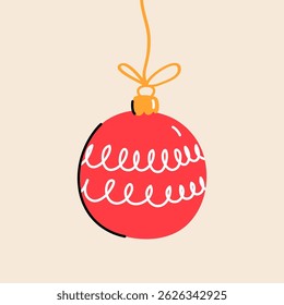 Simple cute minimal colorful Christmas tree decoration in the form of a red ball with wavy patterns on a light background; hand drawn illustration, drawing, flat style
