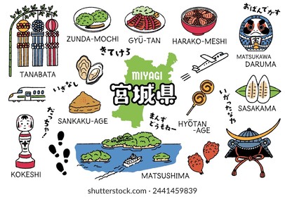 Conjunto de ilustración simple y lindo relacionado con la prefectura de Miyagi (colorido)

Los caracteres japoneses significan "Prefectura de Miyagi, buenas noches, bienvenida, agradable, muchas gracias, sí, mucho".