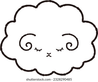 Simple and cute Mokomoko sheep with closed eyes (front) black and white