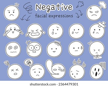 Simple and cute negative facial expression icon set. Illustration of black-and-white hand-drawn sticker-style design.