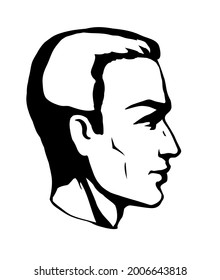 Simple cute old handsome model avatar template on light paper text space backdrop. Freehand outline black ink pen hand drawn pictogram emblem concept design. Retro art doodle line print. Close up view