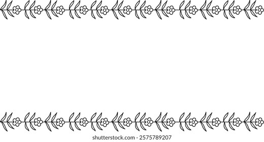 simple cute outline flowers seamless frame, greeting card with season elements, flat vector isolated on white background.