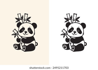 Simple lindo panda escalando un árbol de bambú personaje Ilustración vectorial y logotipo de panda