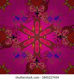 Simple cute pattern for card, print. Embroidery trend floral seamless pattern with exotic butterflies. Vector traditional folk flowers decor on red, pink and magenta background for clothing design.