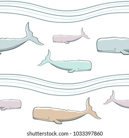 Simple cute pattern with colorful whales on a white background