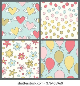 Simple cute pattern with hearts, balloons, flowers and polka dots.