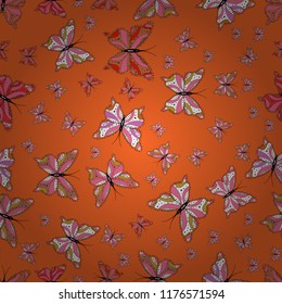 Simple cute pattern for invitation, card, print. Colored butterfly on a orange, pink and white background. Colorful nice folk vector seamless pattern with butterflies.