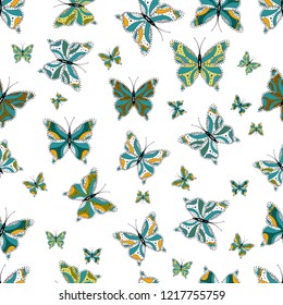 Simple cute pattern for invitation, card, print. Colored butterfly on a blue, black and white background. Colorful nice folk vector seamless pattern with butterflies.