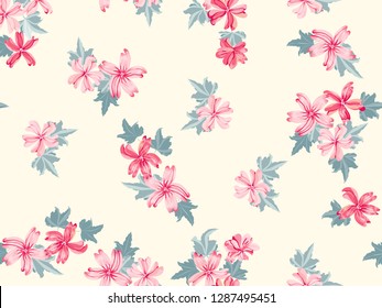 Simple cute pattern in small beauteous flower of mallow. Liberty style. Floral seamless background for textile or book covers, manufacturing, wallpapers, print, gift wrap and scrapbooking.