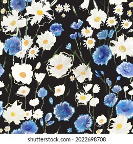 Simple cute pattern with small blue and white flowers. Millefleurs. Liberty style. Drawn floral seamless meadow background, texture, print. Vector illustration of wild cornflowers, chamomile, ryegrass