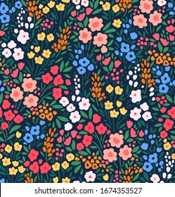 Simple Cute Pattern In Small Bright Colorful Flowers On Blue Background. Liberty Style. Ditsy Print. Floral Seamless Background. The Elegant The Template For Fashion Prints.