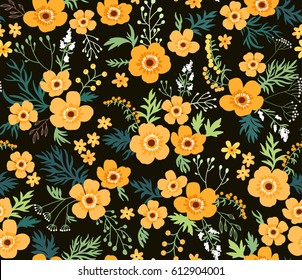 Simple cute pattern in small flowers. Liberty style. Floral seamless background for fashion prints. Yellow Buttercups flowers. Black background.