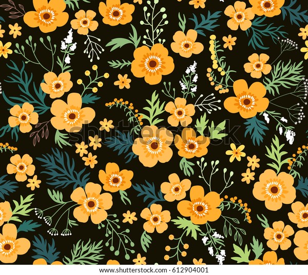 小さな花にシンプルなかわいい柄 自由のスタイル ファッションプリントの花柄のシームレスな背景 黄色い蝶結びの花 黒い背景 のベクター画像素材 ロイヤリティフリー