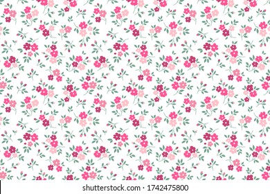 Simple cute pattern in small pink and purple flowers on white background. Liberty style. Ditsy print. Floral seamless background. The elegant the template for fashion prints.