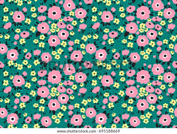 暗い緑の背景に小さなピンクと黄色の花の単純なかわいいパターン 自由のスタイル Ditsyプリント 花柄のシームレスな背景 ファッションプリント用のエレガントなテンプレート のベクター画像素材 ロイヤリティフリー