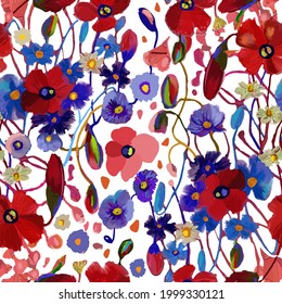 Simple cute pattern with small poppies flowers. Millefleurs. Liberty style. Drawn floral seamless meadow background, texture, print. Vector illustration of wild cornflowers, chamomile, ryegrass