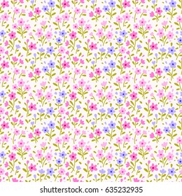 Simple cute pattern in small purple and pink flowers on white background. Liberty style. Ditsy print. Floral seamless background. The elegant the template for fashion prints.