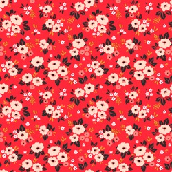 Simple Cute Pattern In Small White And Pink Flowers On Bright Red Background. Liberty Style. Ditsy Print. Floral Seamless Background. The Elegant The Template For Fashion Prints.