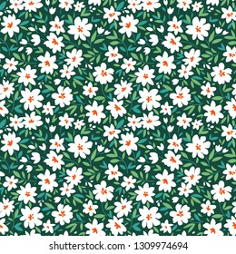小さな白い背景に単純なかわいいパターン 暗い緑の背景に花 自由のスタイル Ditsyプリント 花柄のシームレスな背景 ファッションプリント用のエレガントなテンプレート のベクター画像素材 ロイヤリティフリー Shutterstock