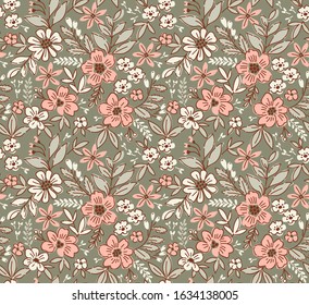 Simple cute pattern in small white and pink flowers on light gray background. Liberty style. Ditsy print. Floral seamless background. The elegant the template for fashion prints.