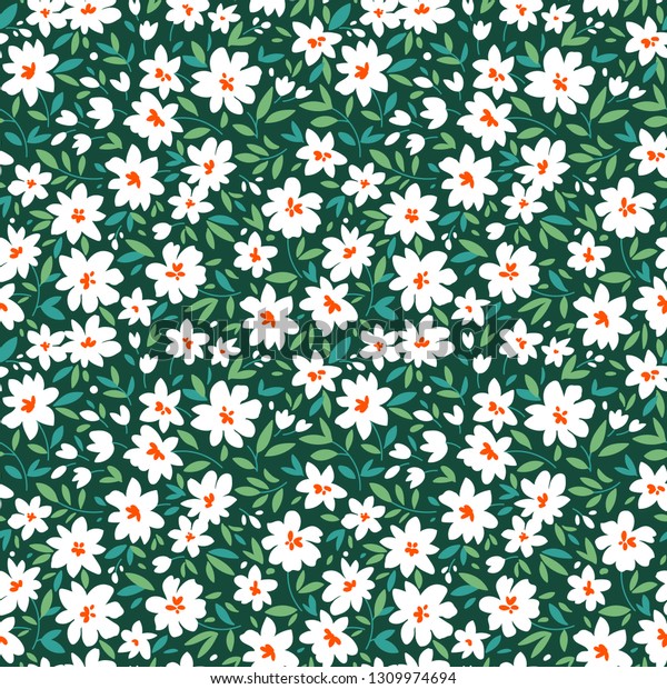 小さな白い背景に単純なかわいいパターン 暗い緑の背景に花 自由のスタイル Ditsyプリント 花柄のシームレスな背景 ファッションプリント用のエレガントなテンプレート のベクター画像素材 ロイヤリティフリー