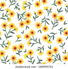 Simple cute pattern in small yellow flowers on white background. Liberty style. Ditsy print. Floral seamless background. The elegant the template for fashion prints.