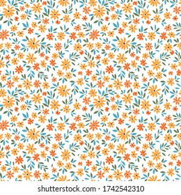 Simple cute pattern in small yellow flowers on white background. Liberty style. Ditsy print. Floral seamless background. The elegant the template for fashion prints.