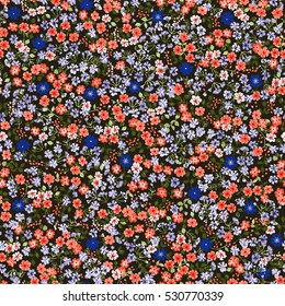 Simple cute pattern in small-scale flowers. High-coverage millefleurs. Calico style. Floral seamless background for textile or book covers, manufacturing, wallpapers, print, gift wrap and scrapbooking