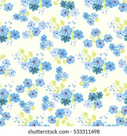 Simple cute pattern in small-scale flowers of nemophila. Forget-me-not millefleurs. Floral seamless background for textile or book covers, manufacturing, wallpapers, print, gift wrap and scrapbooking.