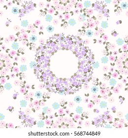Simple cute pattern in small-scale flowers and wreaths. Mandala millefleurs. Floral seamless background for textile or book covers, manufacturing, wallpapers, print, gift wrap and scrapbooking.