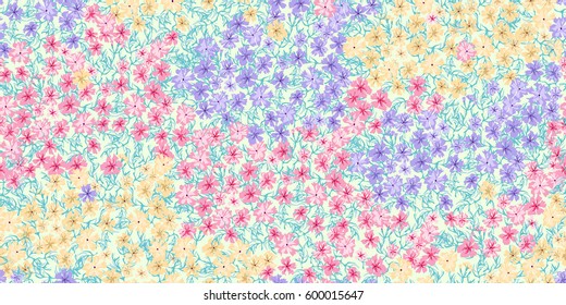 Simple cute pattern in small-scale flowers of maiden pink. Pretty Dianthus millefleurs. Liberty style. Floral seamless background for dress, wallpapers, print, gift wrap and scrapbooking, decoupage.