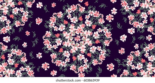 Simple cute pattern in small-scale flowers of maiden pink. Pretty Dianthus millefleurs. Liberty style. Floral seamless background for dress, manufacturing, wallpapers, gift wrap and scrapbooking.